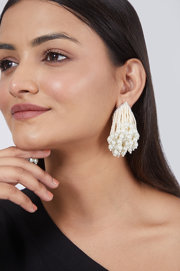 White Pearls Hand Embroidered Earrings by AMAMA at Pernia's Pop Up Shop