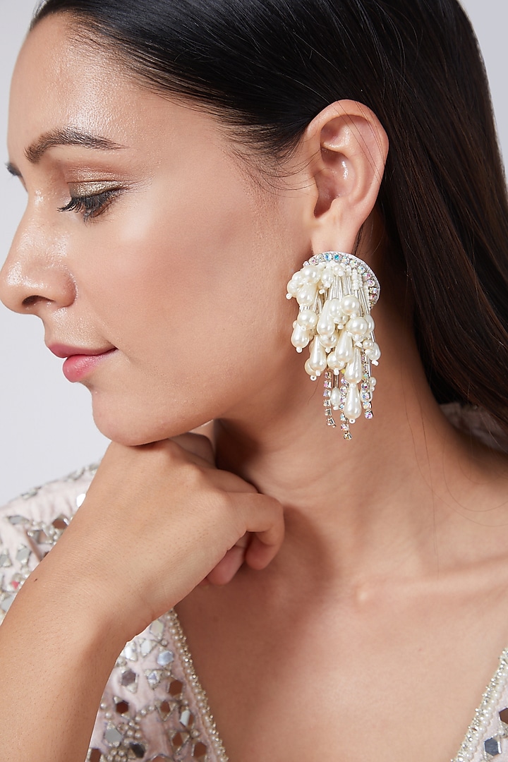 White Pearls Embroidered Earrings by AMAMA at Pernia's Pop Up Shop
