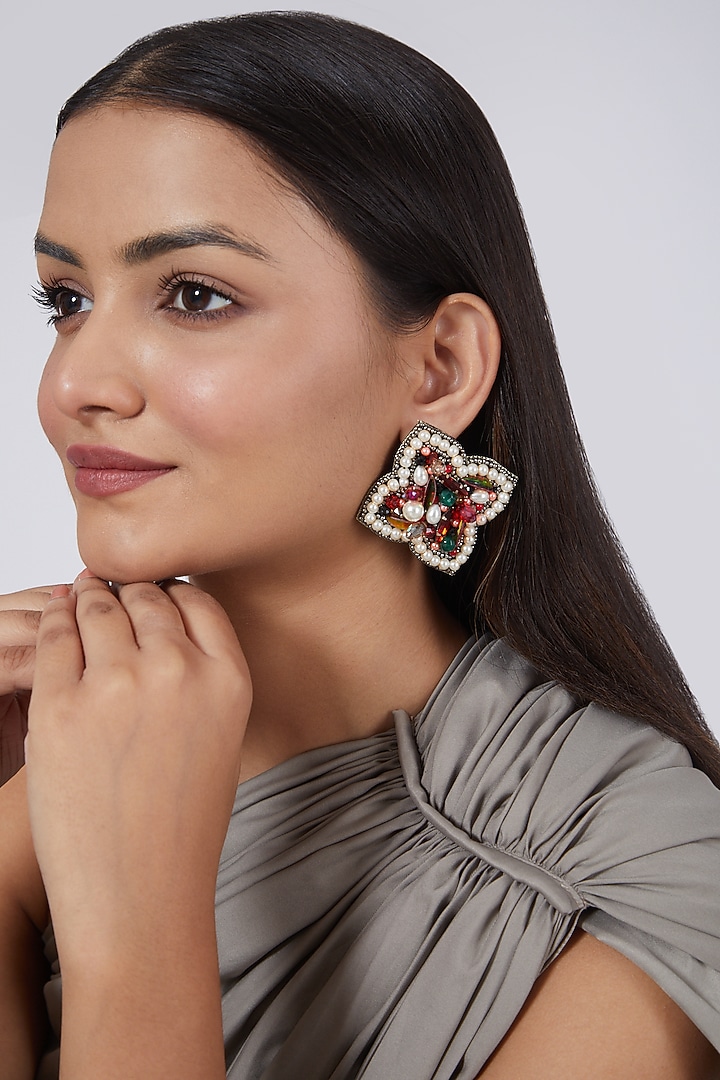 Multi Colored Pearls Embroidered Earrings by AMAMA at Pernia's Pop Up Shop