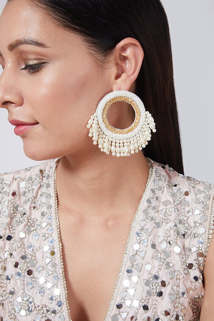 White Embroidered Round Earrings by AMAMA at Pernia's Pop Up Shop
