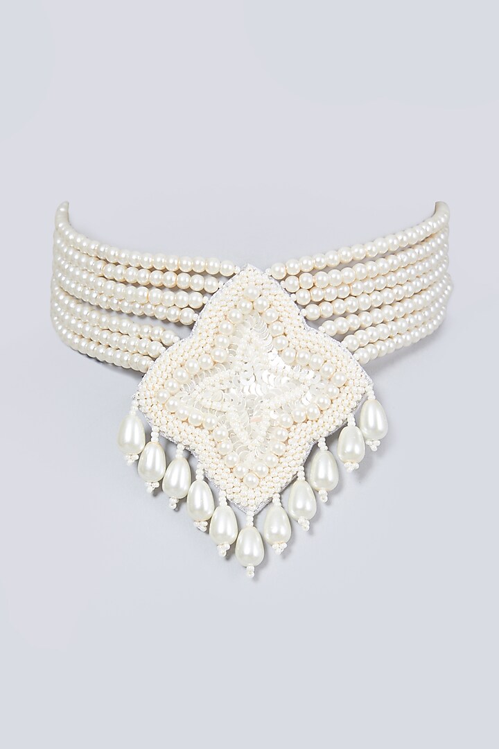 White Hand Embroidered Choker Necklace by AMAMA