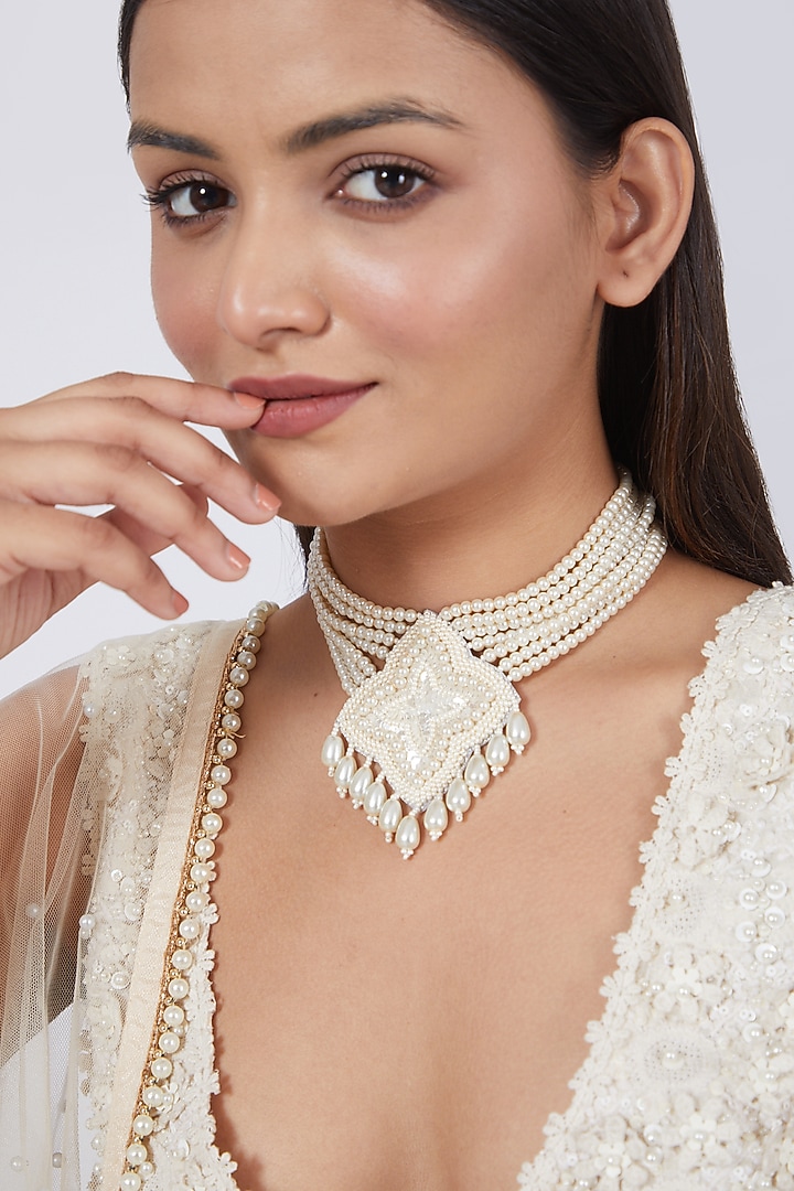 White Hand Embroidered Choker Necklace by AMAMA at Pernia's Pop Up Shop