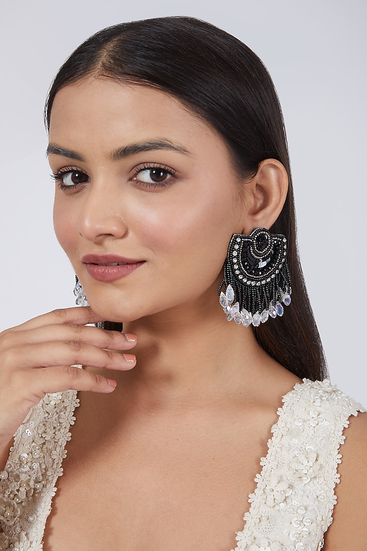 Black Hand Embroidered Earrings by AMAMA at Pernia's Pop Up Shop