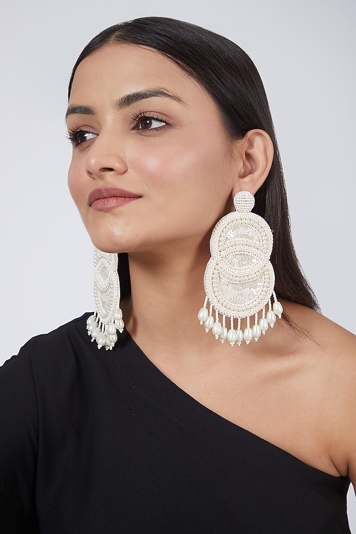 White Beaded Long Earrings by AMAMA at Pernia's Pop Up Shop