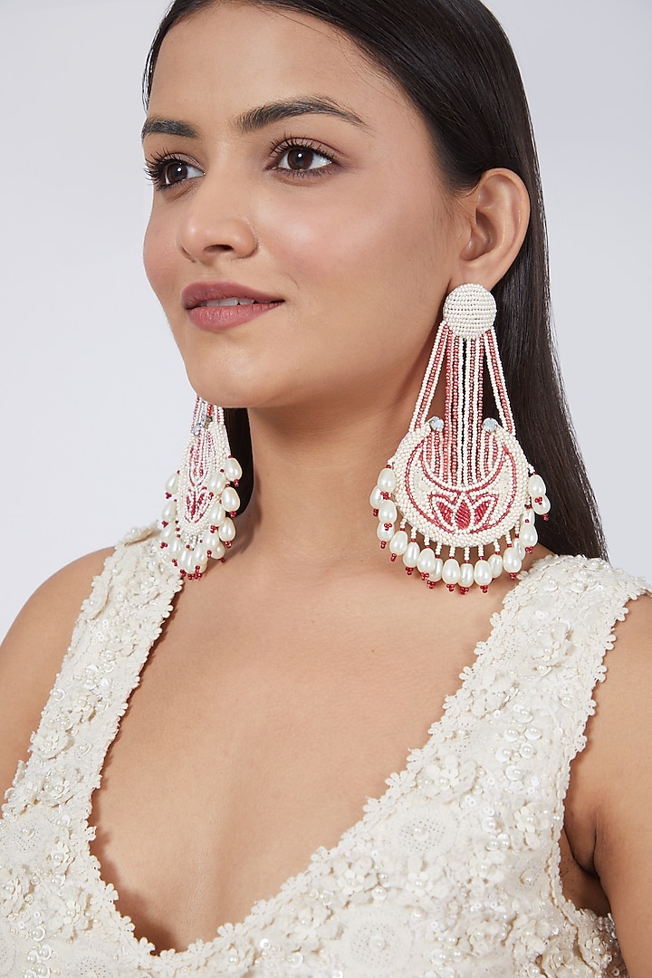 White Beaded Long Earrings by AMAMA at Pernia's Pop Up Shop