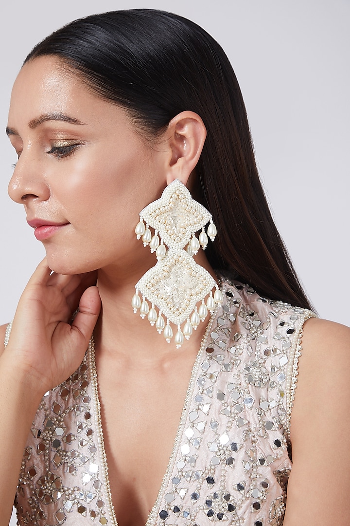 White Hand Embroidered Dangler Earrings by AMAMA