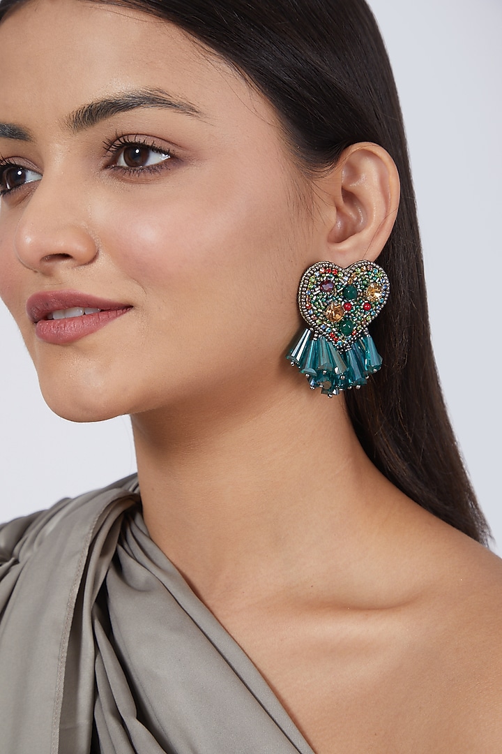 Green Embroidered Heart Earrings by AMAMA at Pernia's Pop Up Shop