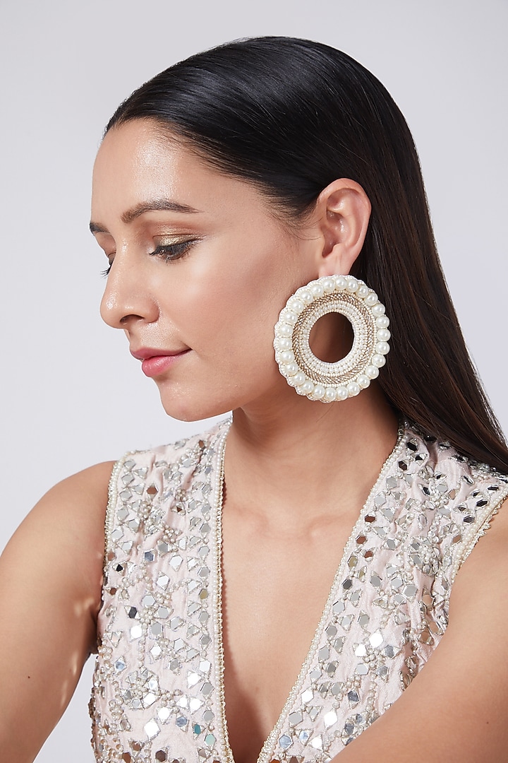 White Beaded Round Earrings by AMAMA at Pernia's Pop Up Shop