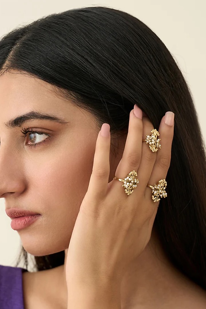 Antique Gold Plated Faux Pearl Ring (Set Of 3) by AMAMA at Pernia's Pop Up Shop