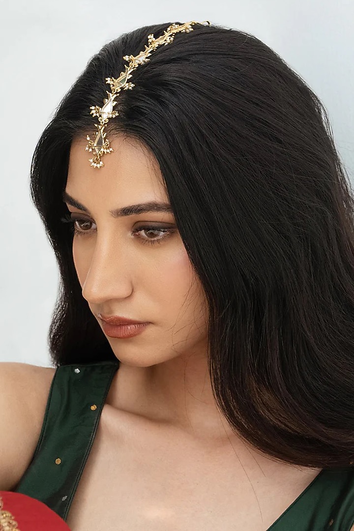 Gold Plated Faux Pearl Maangtikka by AMAMA at Pernia's Pop Up Shop