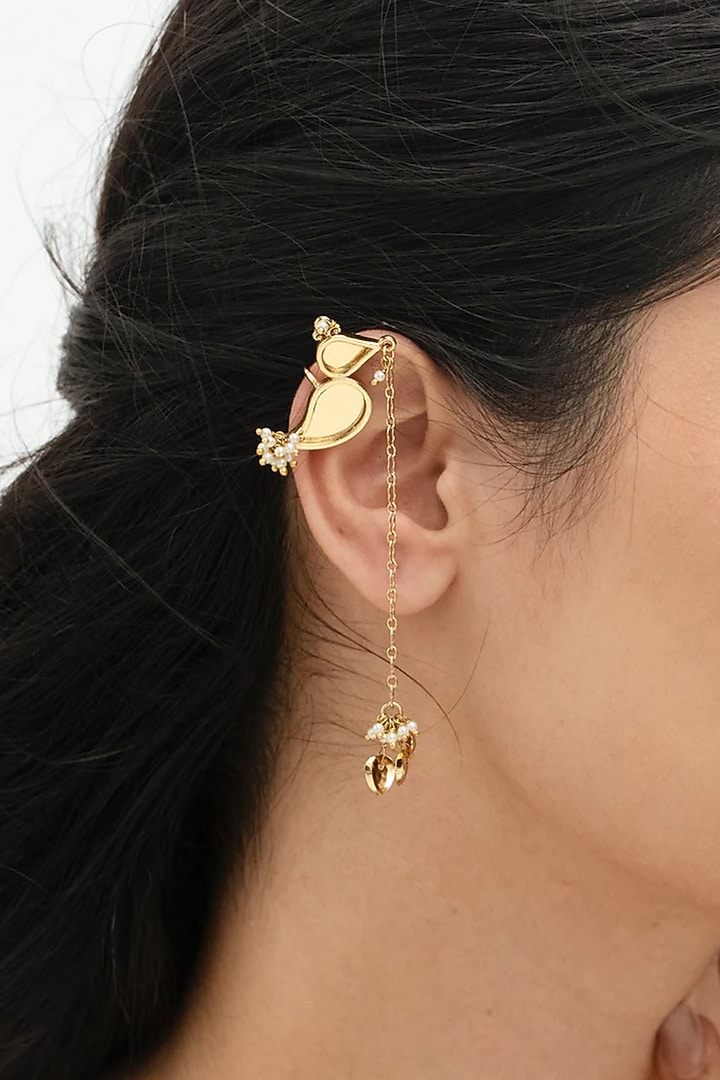 Gold Plated Faux Pearl Dangler Earrings by AMAMA at Pernia's Pop Up Shop