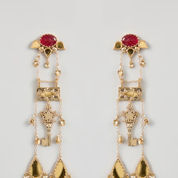 Gold Plated Faux Pearl & Semi-Precious Stone Dangler Earrings by AMAMA at Pernia's Pop Up Shop