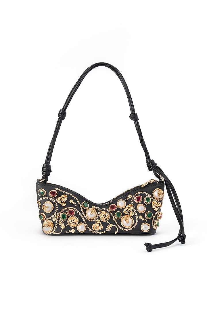 Black & Gold Finish Faux Pearl & Cubic Zirconia Bag by AMAMA at Pernia's Pop Up Shop