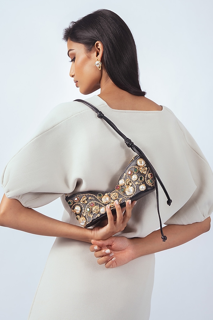 Black & Gold Finish Faux Pearl & Cubic Zirconia Bag by AMAMA at Pernia's Pop Up Shop