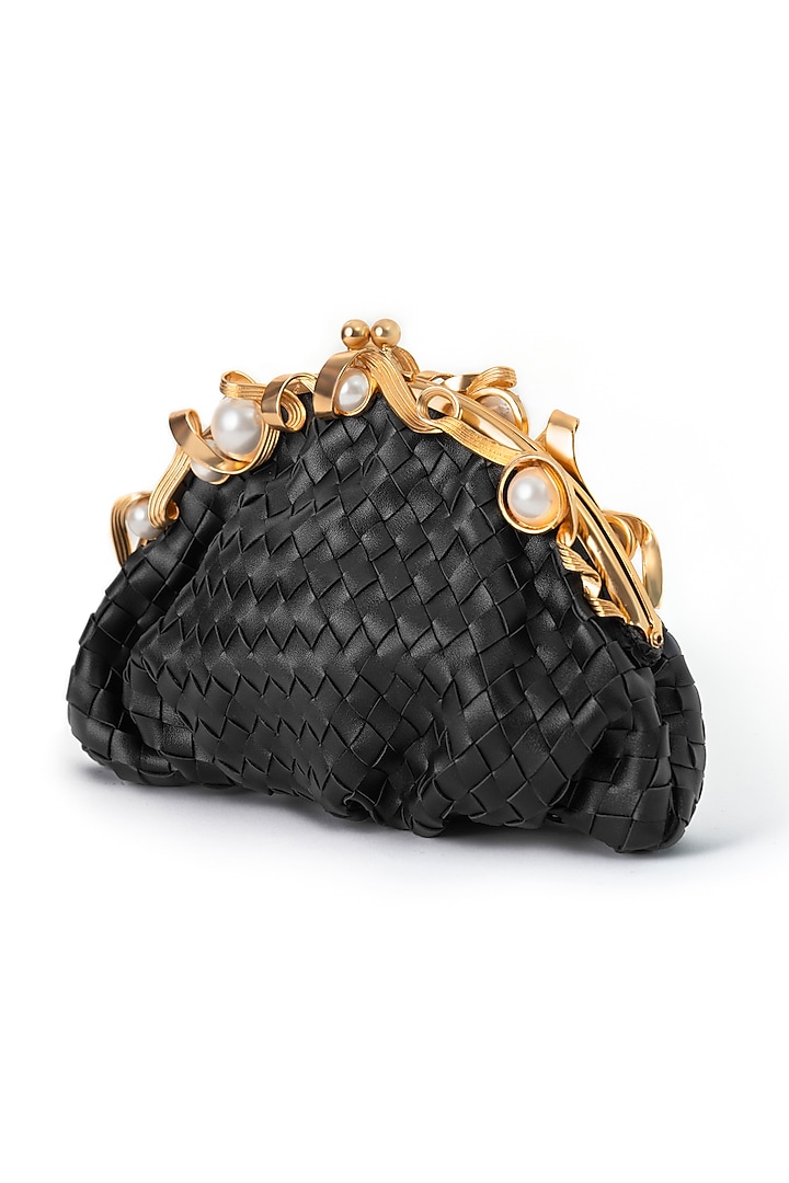 Black & Gold Finish Faux Pearl Clutch by AMAMA at Pernia's Pop Up Shop
