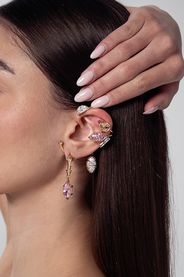 Gold Finish Multi-Colored Cubic Zirconia Stud Earrings With Earcuff by AMAMA at Pernia's Pop Up Shop
