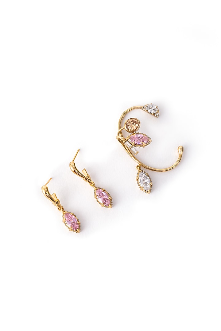 Gold Finish Multi-Colored Cubic Zirconia Stud Earrings With Earcuff by AMAMA at Pernia's Pop Up Shop