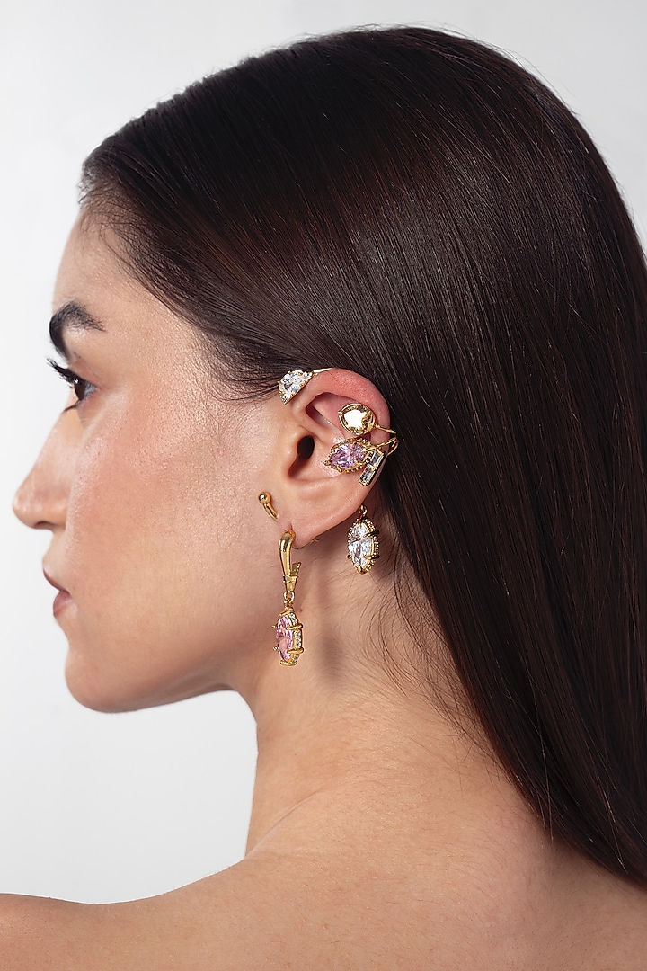 Gold Finish Multi-Colored Cubic Zirconia Stud Earrings With Earcuff by AMAMA at Pernia's Pop Up Shop