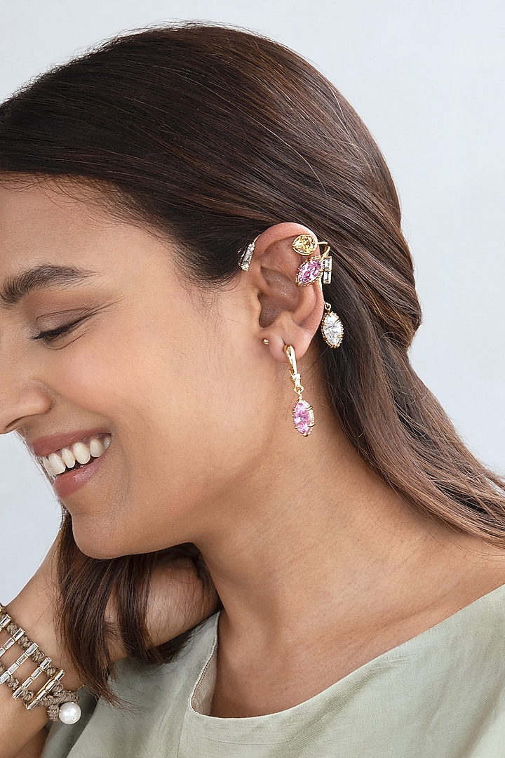 Gold Finish Multi-Colored Cubic Zirconia Stud Earrings With Earcuff by AMAMA at Pernia's Pop Up Shop