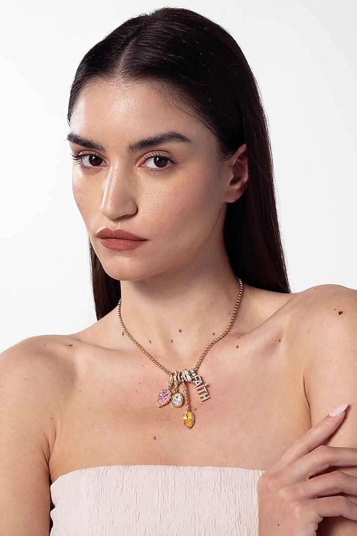 Gold Finish Multi-Colored Cubic Zirconia Faith Charm Necklace by AMAMA at Pernia's Pop Up Shop