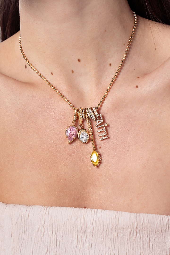 Gold Finish Multi-Colored Cubic Zirconia Faith Charm Necklace by AMAMA at Pernia's Pop Up Shop