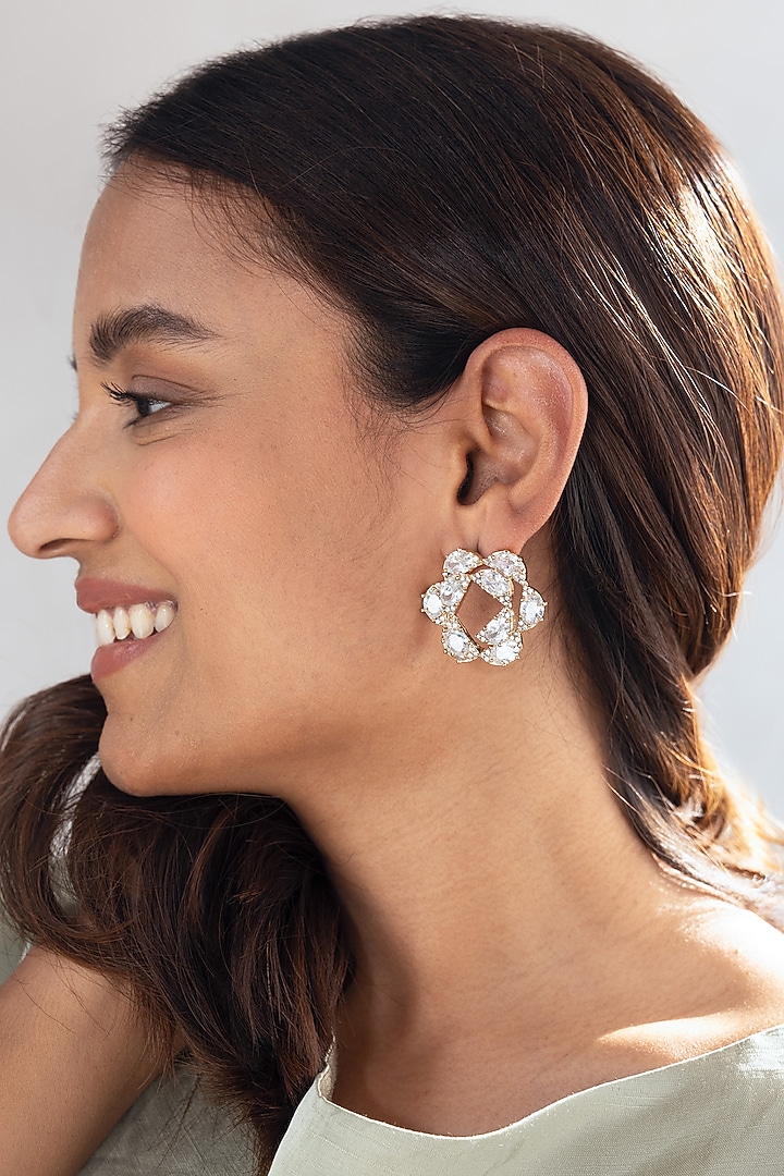 Gold Finish Cubic Zirconia Firework Scallop Stud Earrings by AMAMA at Pernia's Pop Up Shop