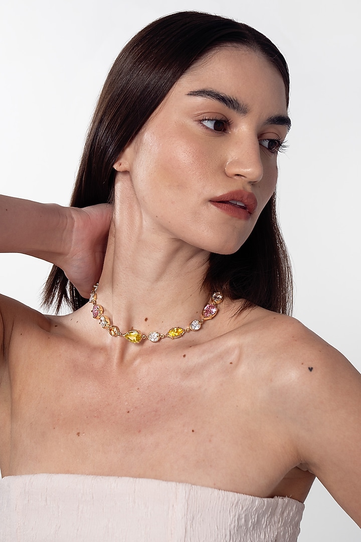 Gold Finish Multi-Colored Cubic Zirconia Linear Choker Necklace by AMAMA at Pernia's Pop Up Shop