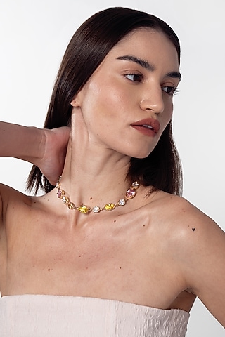 Gold Finish Multi-Colored Cubic Zirconia Linear Choker Necklace by AMAMA
