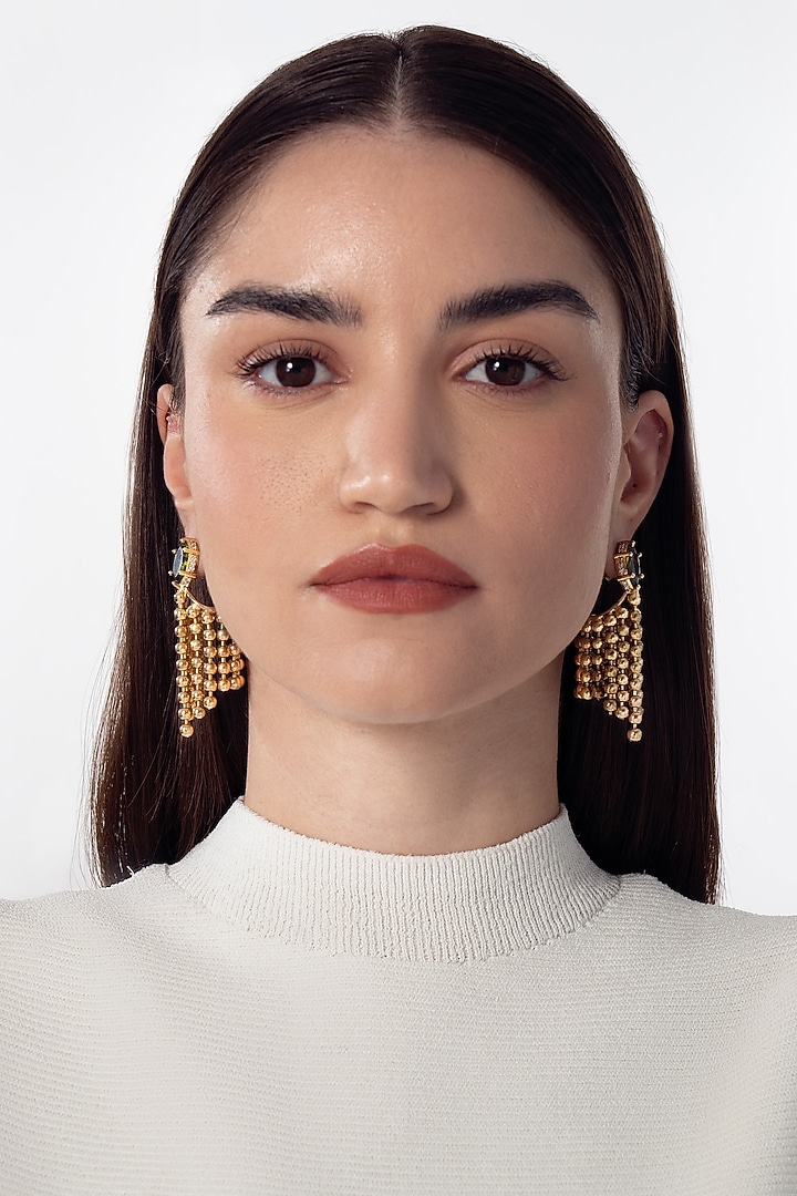 Gold Finish Cubic Zirconia Fringe Dangler Earrings by AMAMA at Pernia's Pop Up Shop