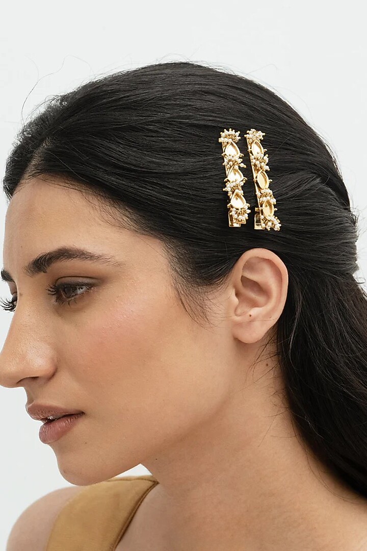 Gold Plated Faux Pearl Hair Clips (Set Of 2) by AMAMA at Pernia's Pop Up Shop