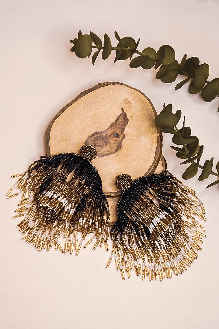 Black Glass Hand Embroidered Long Earrings by AMAMA at Pernia's Pop Up Shop