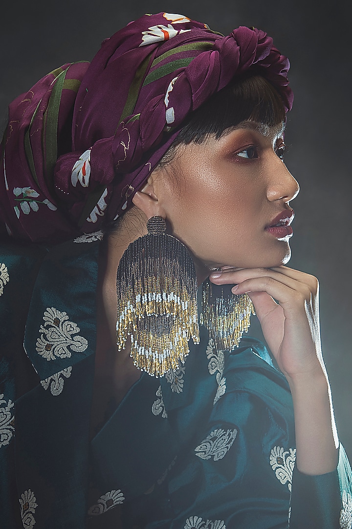 Black Glass Hand Embroidered Long Earrings by AMAMA at Pernia's Pop Up Shop