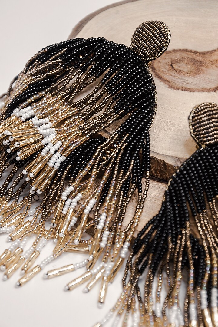 Black Glass Hand Embroidered Long Earrings by AMAMA at Pernia's Pop Up Shop