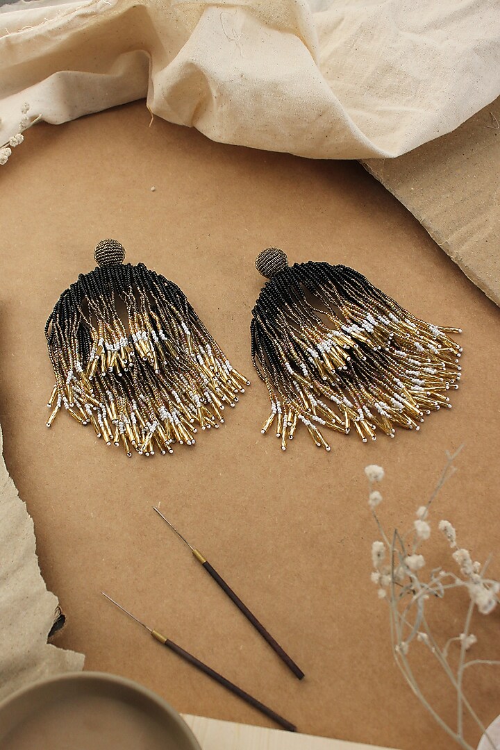 Black Glass Hand Embroidered Long Earrings by AMAMA at Pernia's Pop Up Shop