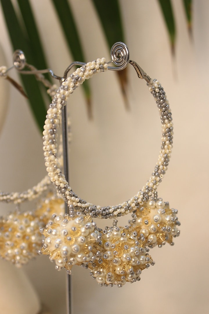 White Hand Embroidered Long Earrings by AMAMA at Pernia's Pop Up Shop