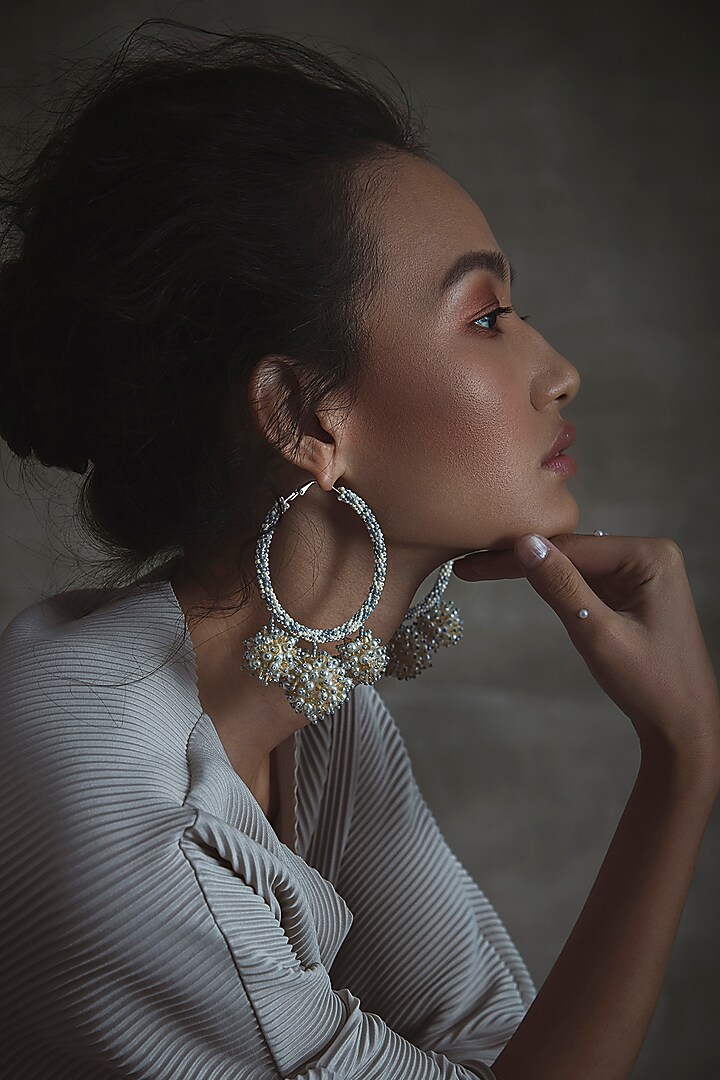 White Hand Embroidered Long Earrings by AMAMA at Pernia's Pop Up Shop