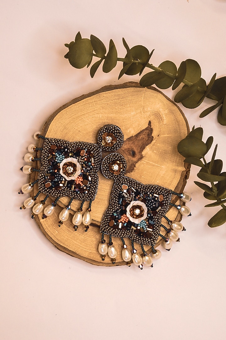 Black Hand Embroidered Earrings by AMAMA at Pernia's Pop Up Shop