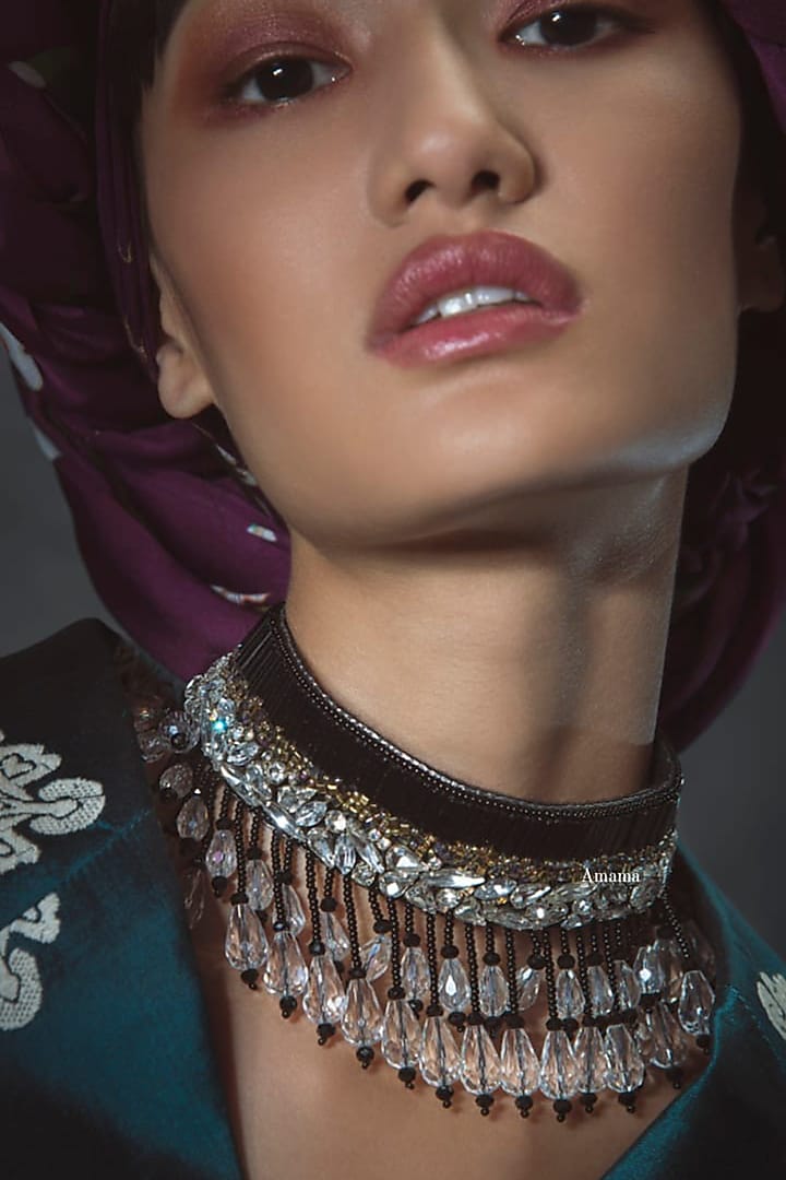 Black Glass Hand Embroidered Choker Necklace by AMAMA at Pernia's Pop Up Shop