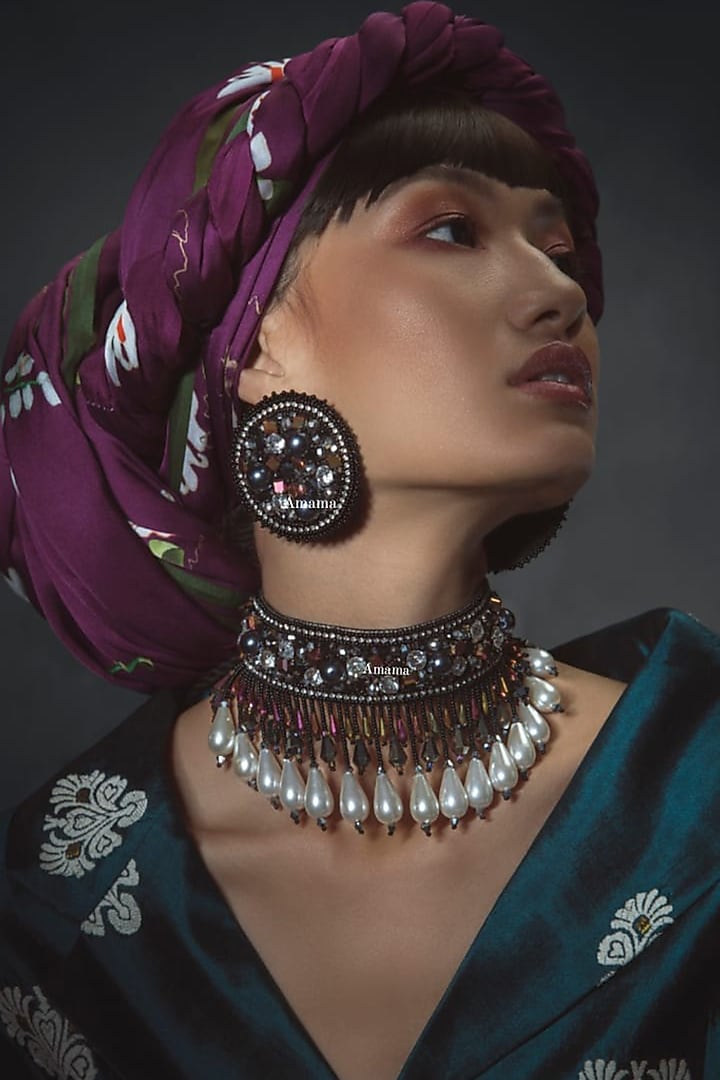 Black Hand Embroidered Choker Necklace by AMAMA at Pernia's Pop Up Shop
