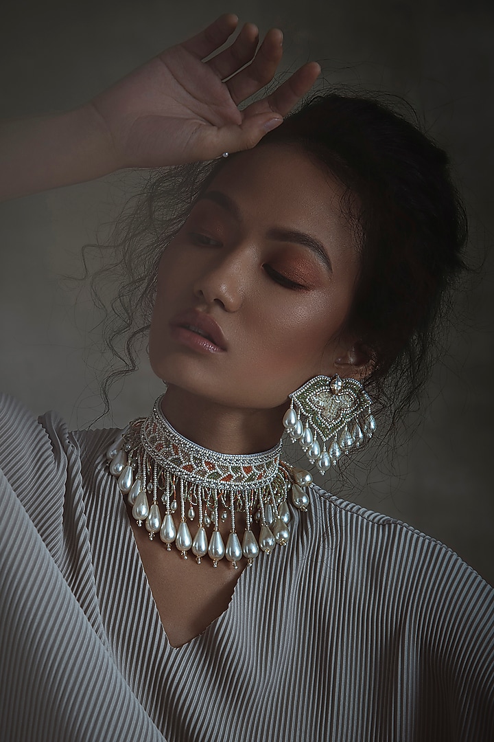 White Glass Hand Embroidered Earrings by AMAMA at Pernia's Pop Up Shop