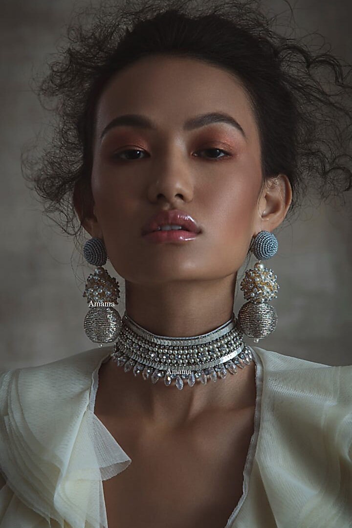 White & Silver Glass Hand Embroidered Choker Necklace by AMAMA at Pernia's Pop Up Shop