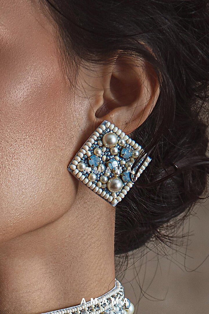 White Glass Hand Embroidered Stud Earrings by AMAMA at Pernia's Pop Up Shop