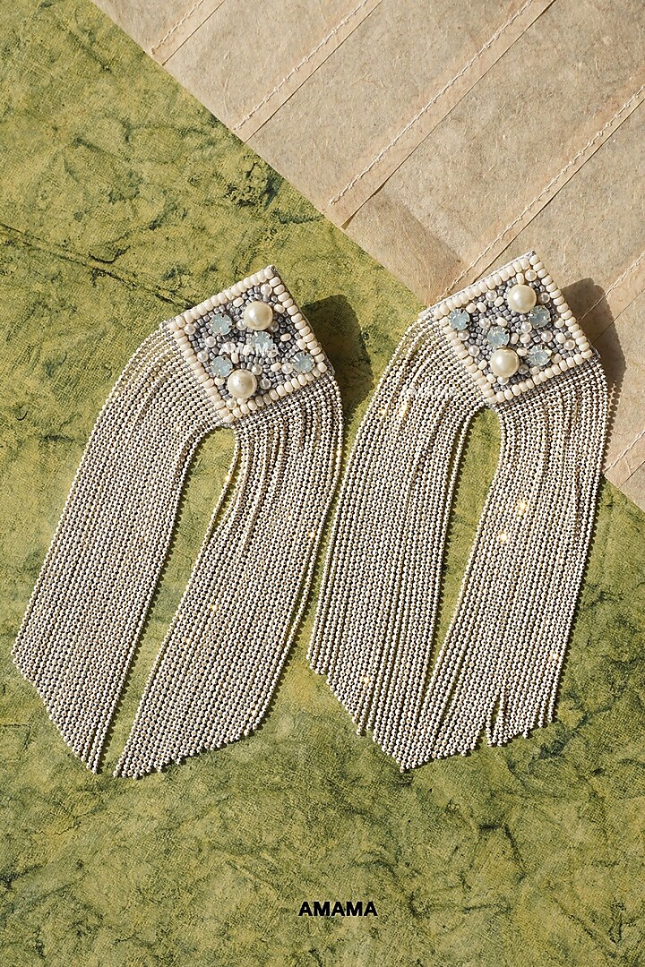White Glass Hand Embroidered Long Earrings by AMAMA