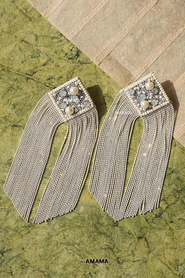 White Glass Hand Embroidered Long Earrings by AMAMA at Pernia's Pop Up Shop