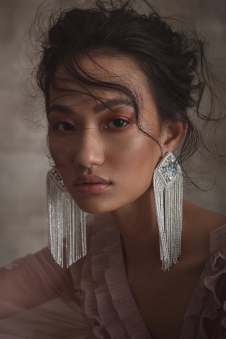 White Glass Hand Embroidered Long Earrings by AMAMA at Pernia's Pop Up Shop