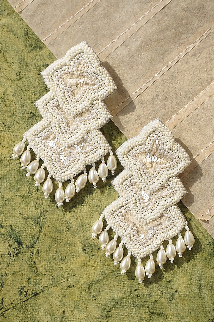 White Hand Embroidered Earrings by AMAMA