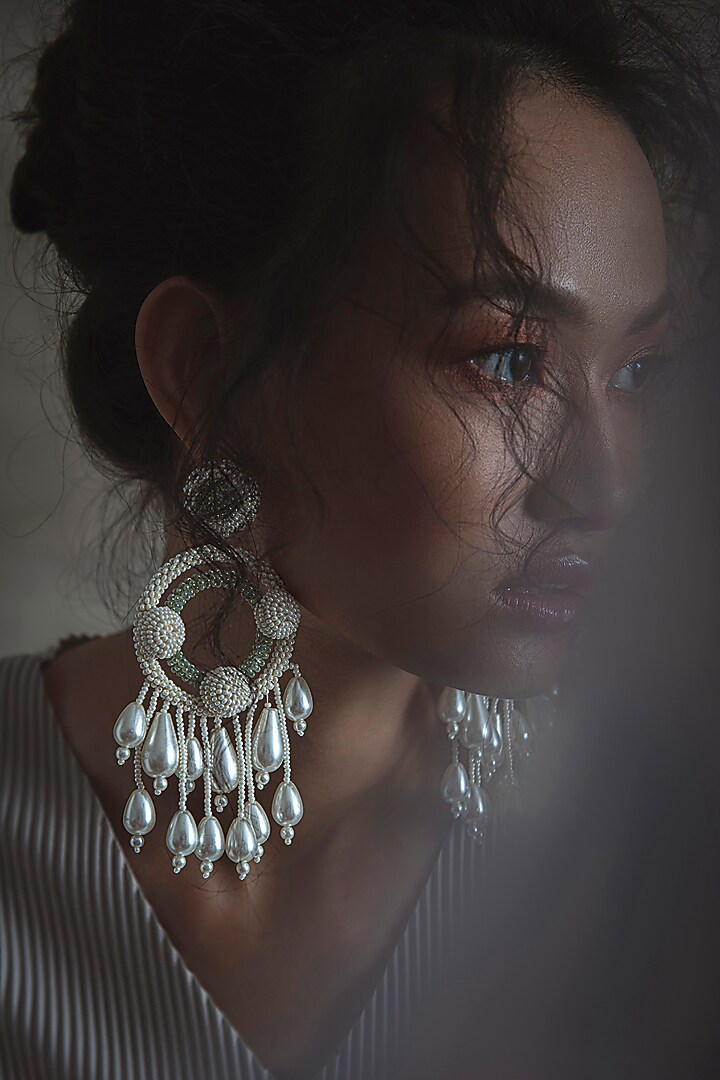 White Long Earrings With Hand Embroidery by AMAMA at Pernia's Pop Up Shop