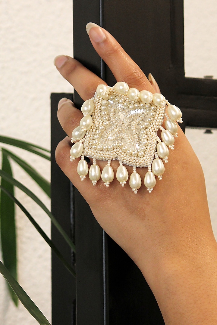 White Glass Hand Embroidered Ring by AMAMA