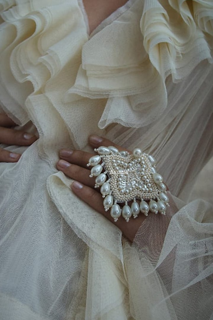 White Glass Hand Embroidered Ring by AMAMA at Pernia's Pop Up Shop