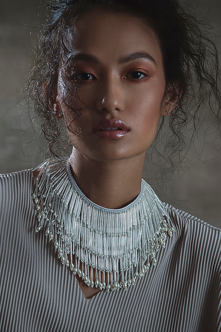 White Choker Necklace With Glass Hand Embroidery by AMAMA at Pernia's Pop Up Shop